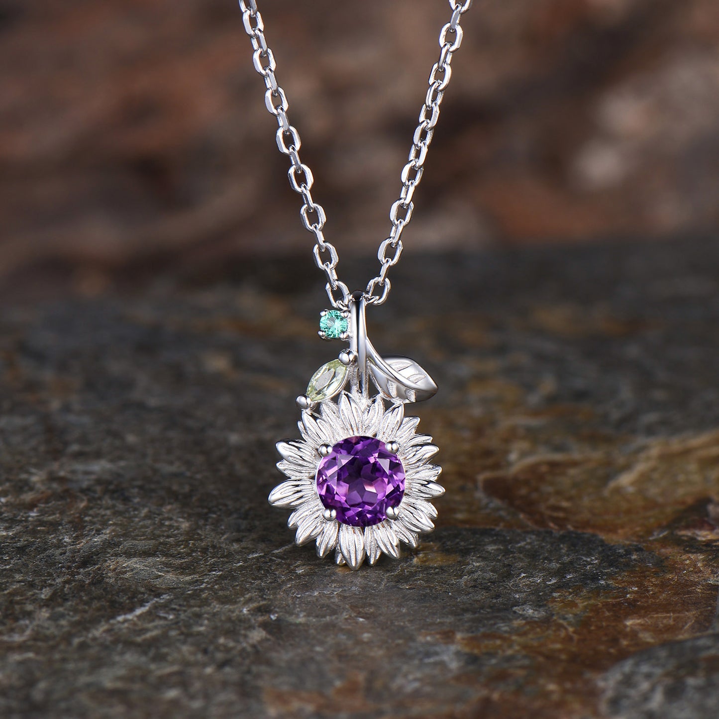 Vintage Sunflower Necklace Round Amethyst With Emerald Peridot Leaf 14k Gold Nature Inspired Floral Pendant Dainty Purple Crystal Jewelry