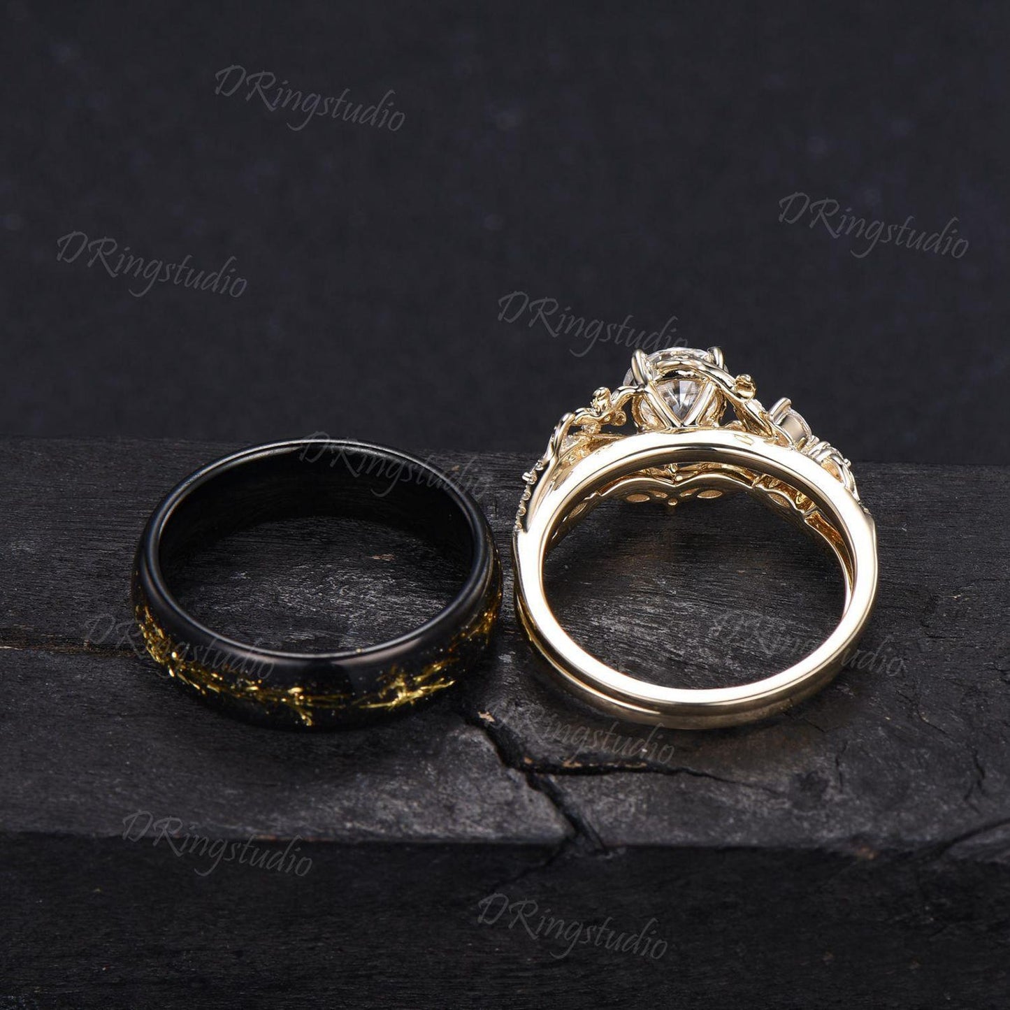 Nature Inspired Floral Round Moissanite Couple Ring Set Black Gold Leaf Tungsten Mens Wedding Ring Yellow Gold Flower Leaf Engagement Ring