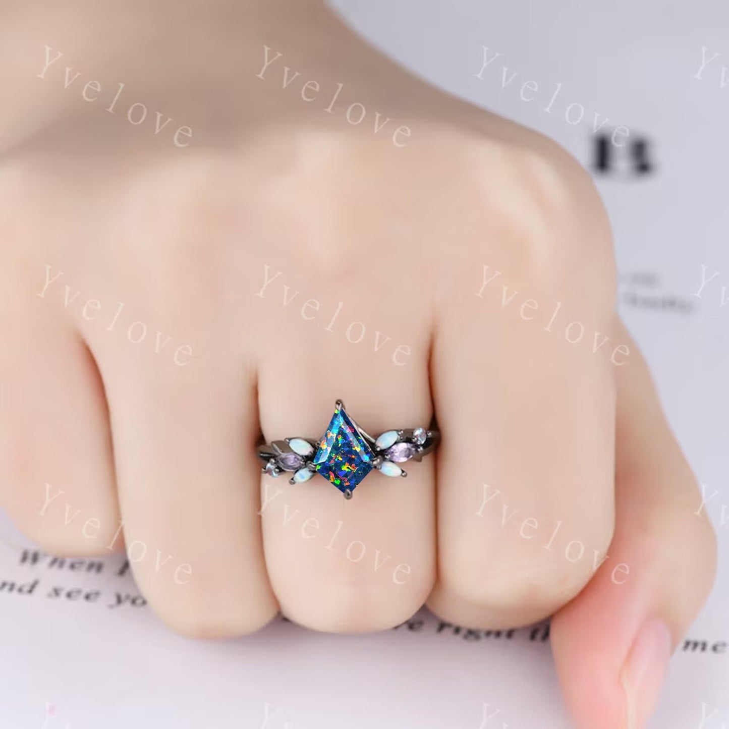 Black Opal Engagement Ring Set - Vintage Black Gold Vine Ring with Amethyst & Opal