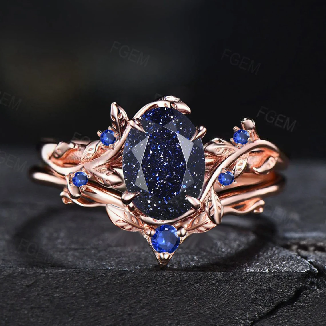 Nature Inspired Starry Sky Galaxy Blue Sandstone Engagement Ring Set Branch Leaf Wedding Band Cluster Black Ring Blue Goldstone Bridal Set