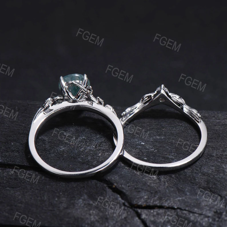 1ct Round Cut Natural Moss Agate Engagement Rings Set 14K White Gold Branch Cluster Emerald Rings Unique Leaf Wedding Ring Anniversary Gifts