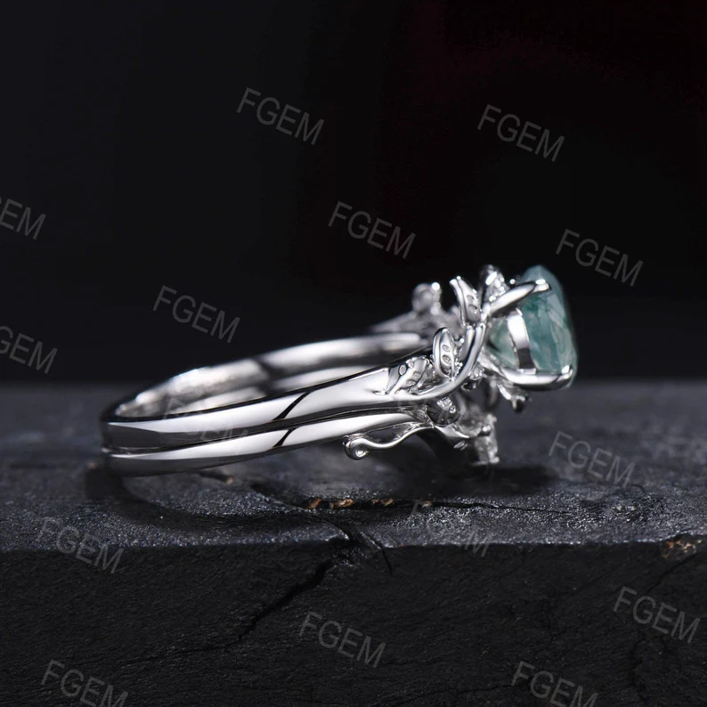 1ct Round Cut Natural Moss Agate Engagement Rings Set 14K White Gold Branch Cluster Emerald Rings Unique Leaf Wedding Ring Anniversary Gifts