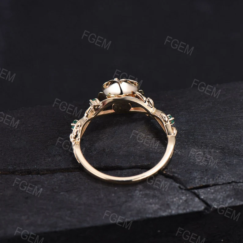Natural Moss Agate Rose Flower Engagement Ring 10K Rose Gold Round Cut Moss Agate Leaf Floral Nature Ring Alternative Green Gemstone Jewelry