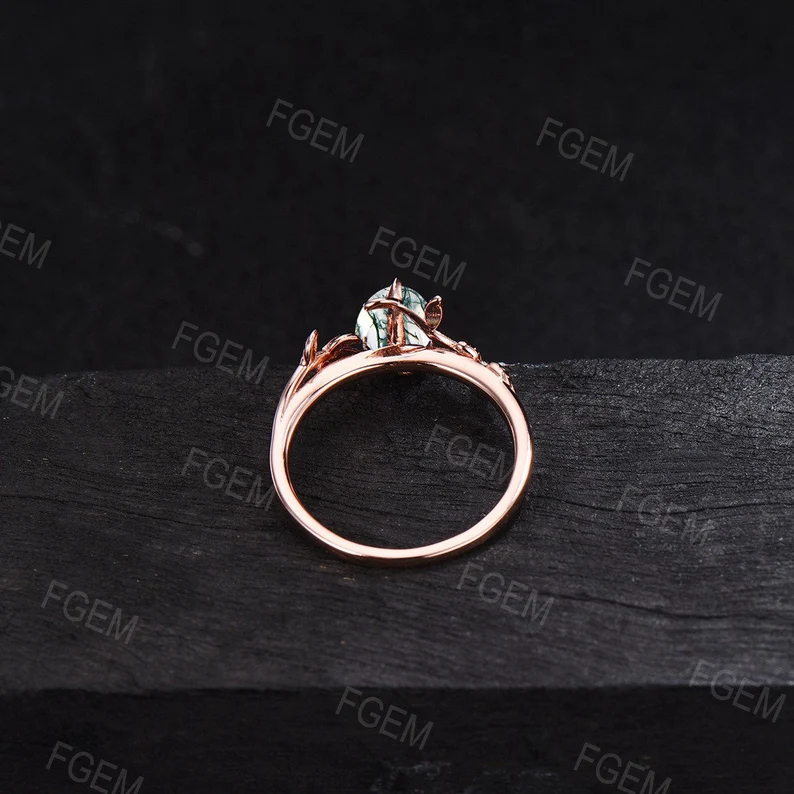 Pear Shaped Natural Moss Agate Engagement Rings Rose Gold Vintage Branch Design Solitaire Rings Unique Leaf Wedding Ring Anniversary Gifts