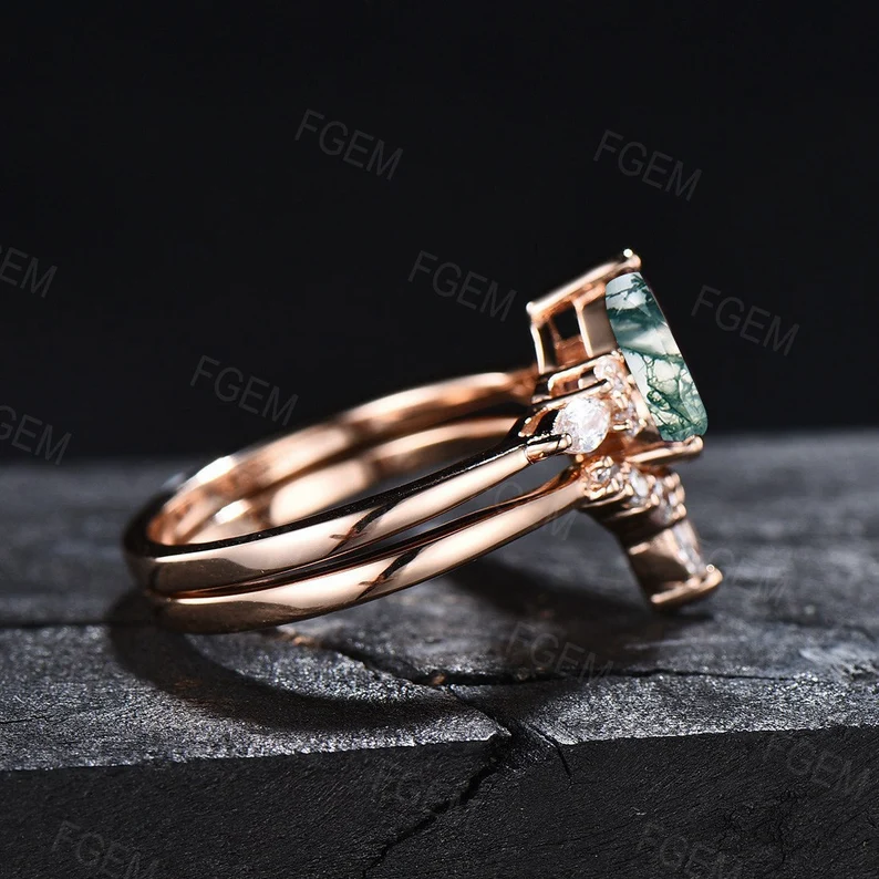 Pear Shaped Engagement Ring Set Sterling Silver 1.25ct Natural Moss Agate Wedding Ring Promise Ring Healing Gemstone Jewelry Gift for Women