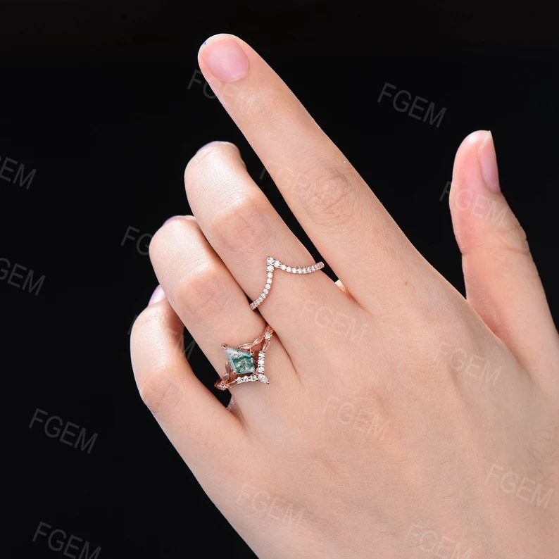 Kite Cut Natural Green Moss Agate Moissanite Ring Set Nature Inspired Branch Aquatic Agate Wedding Ring Set Unique Anniversary/Proposal Gift