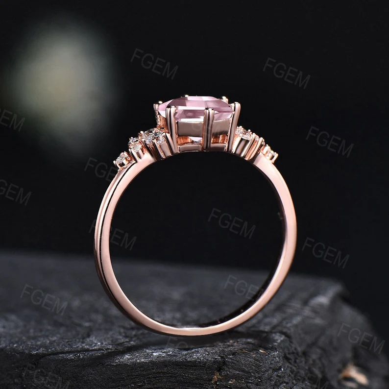 Natural Rose Quartz Wedding Ring Sterling Silver Hexagon Cut Cluster Engagement Ring Pink Wedding Promise Ring Personalized Gift for Lover