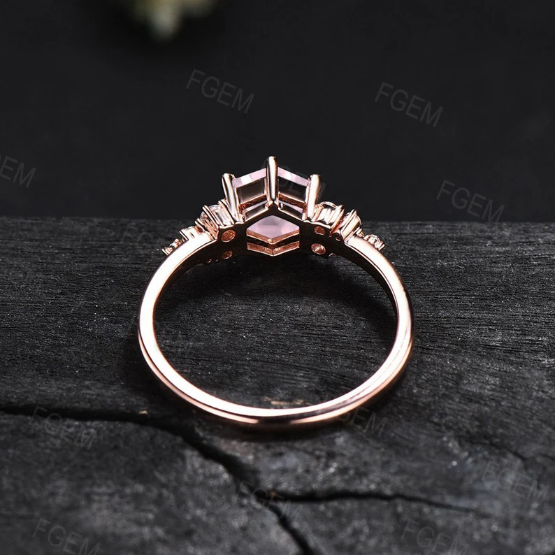 Natural Rose Quartz Ring Sterling Silver Hexagon Cluster Engagement Ring Pink Crystal Ring Love Gift for Her Rose Gold Quartz Gemstone Ring