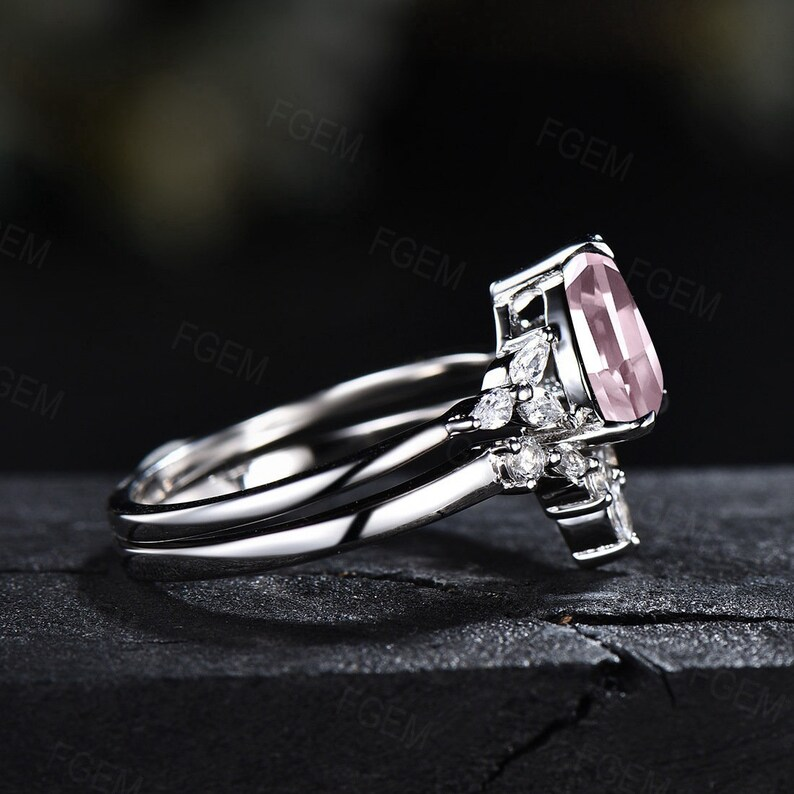1.25ct Pear Shaped Natural Rose Quartz Engagement Ring Set Sterling Silver Pink Crystal Ring Pink Quartz Bridal Set Romantic Gift for Couple