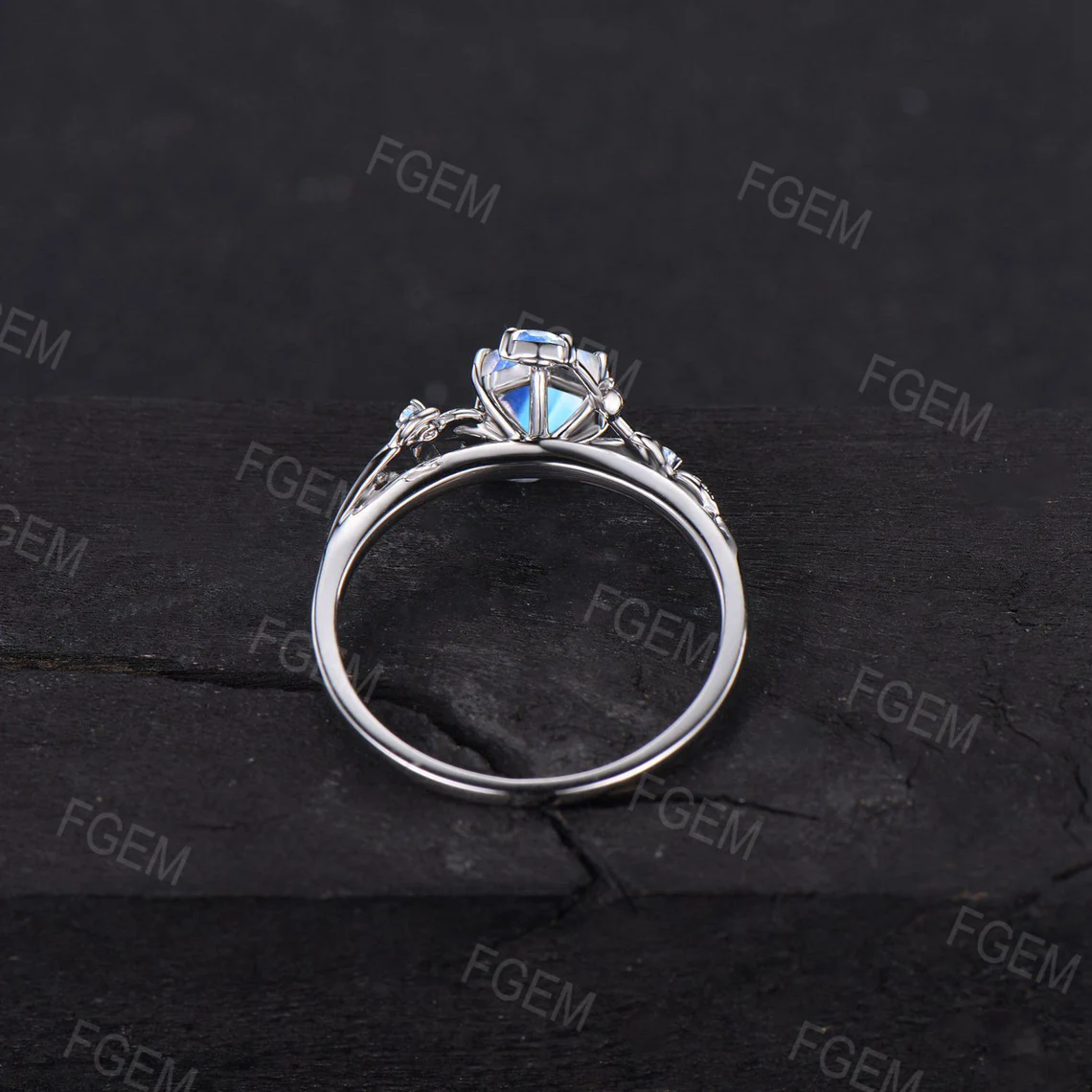 1ct Branch Leaf Hexagon Cut Natural Rainbow Moonstone Engagement Ring Nature Inspired Moonstone Wedding Ring June Birthstone Birthday Gifts