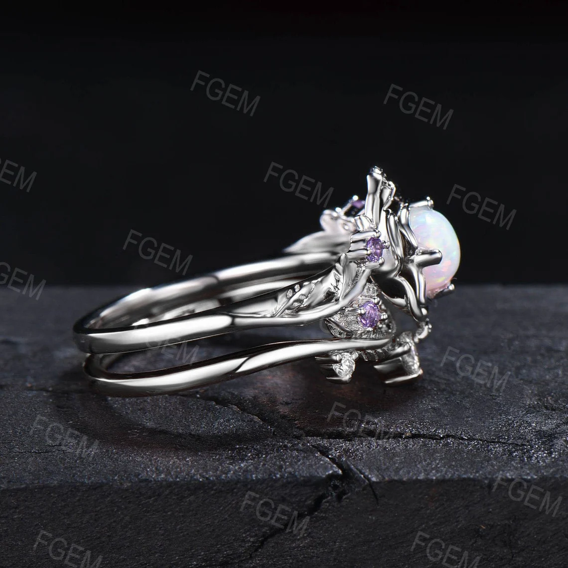 Rose Flower Opal Engagement Ring Set 5mm Round Cut White Opal Floral Wedding Ring Nature Inspired Leaf Amethyst Ring October Birthstone Gift