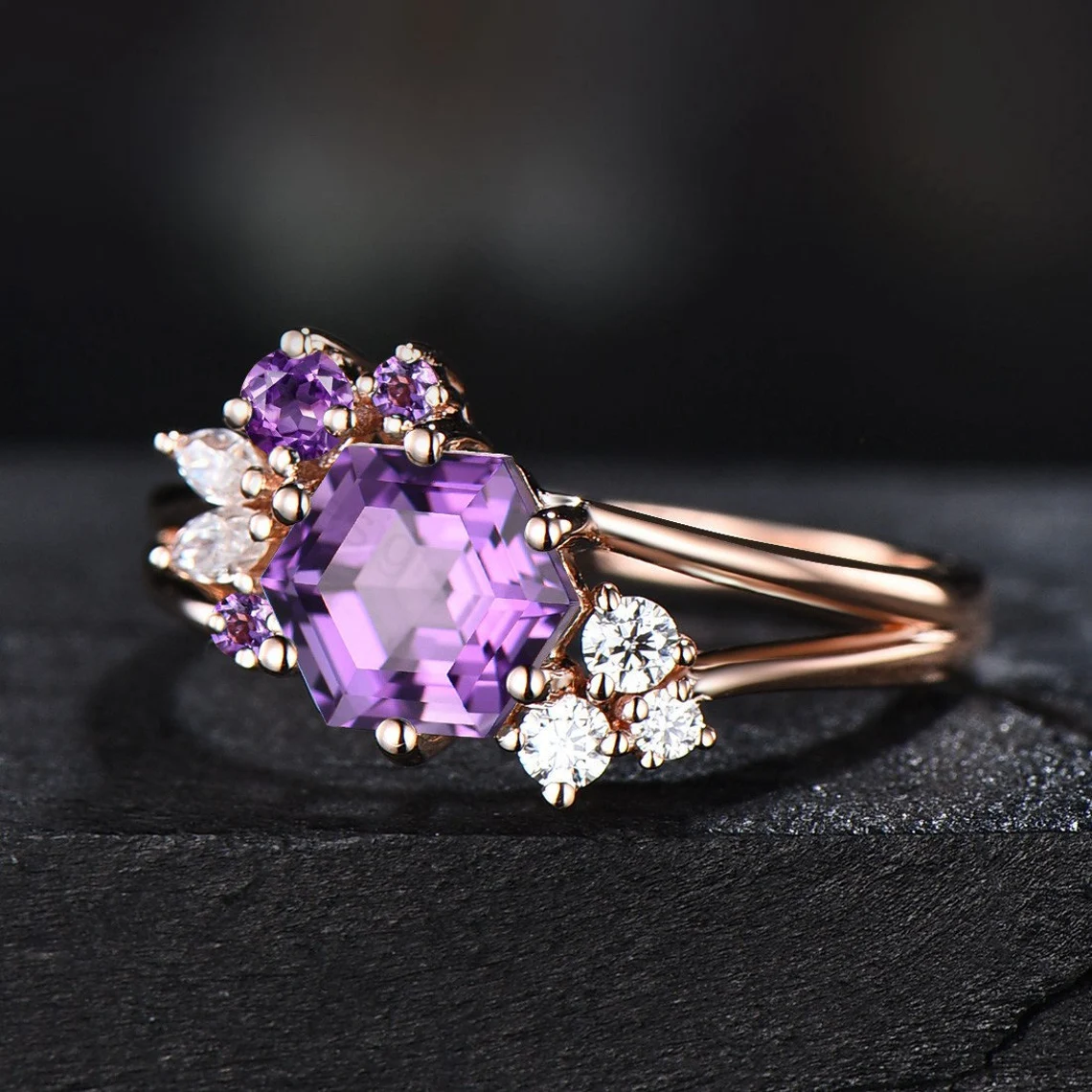 Natural Amethyst Ring 10K Gold Silver Hexagon Cluster Engagement Ring Heal Crystal Ring Split Shank Band Moissanite Amethyst Wedding Ring