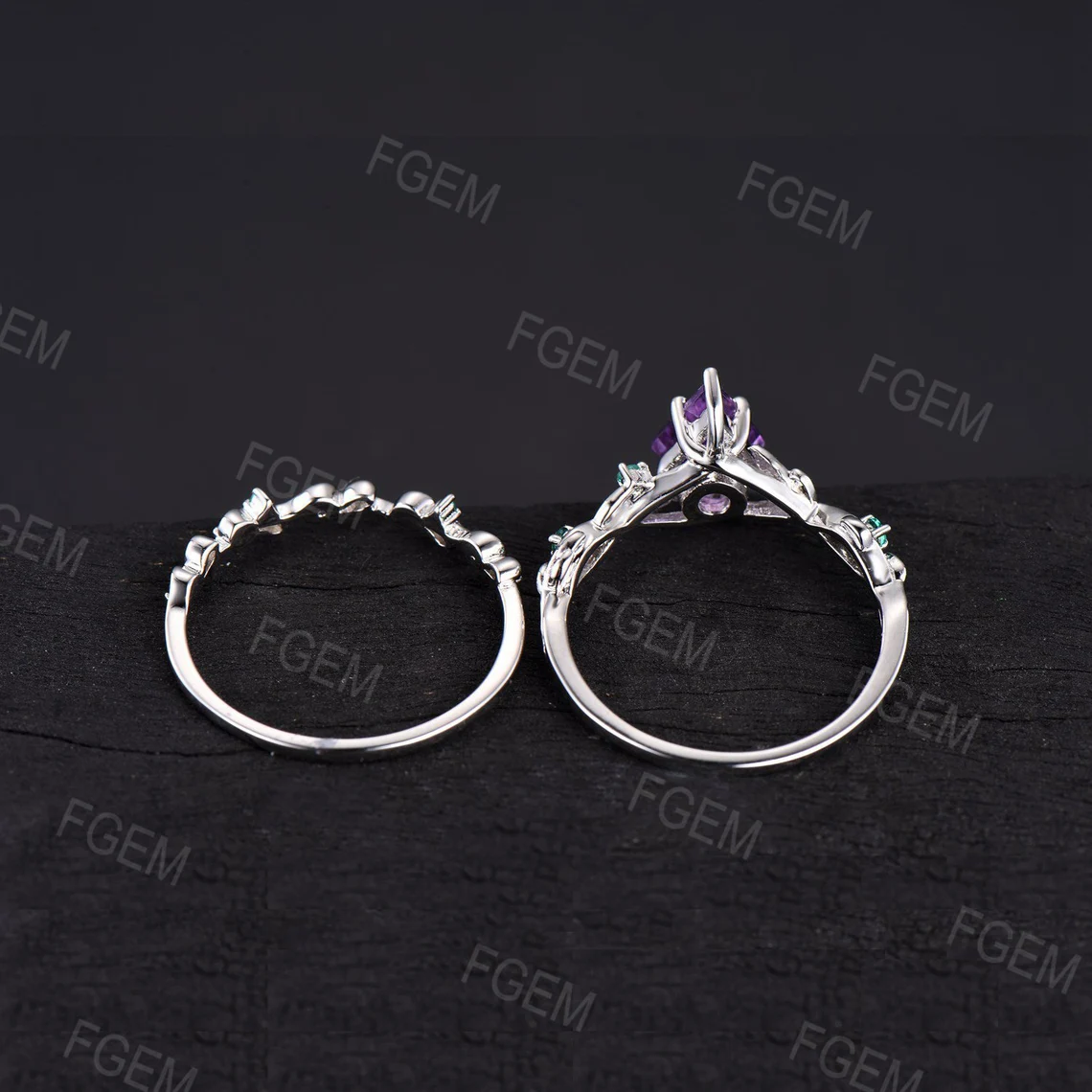 Nature Inspired Natural Amethyst Bridal Set Kite Cut Leaf Amethyst Engagement Ring Purple Crystal Wedding Ring Emerald Amethyst Wedding Band