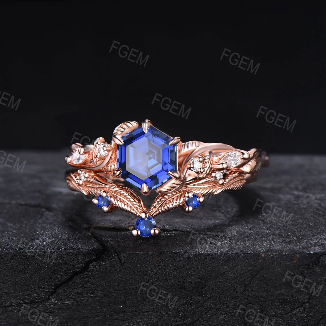 Unique Leaves Blue Sapphire Engagement Ring Set 14K Rose Gold 1ct Hexagon Cut Blue Sapphire Bridal Set Handmade Nature Inspired Jewelry Gift