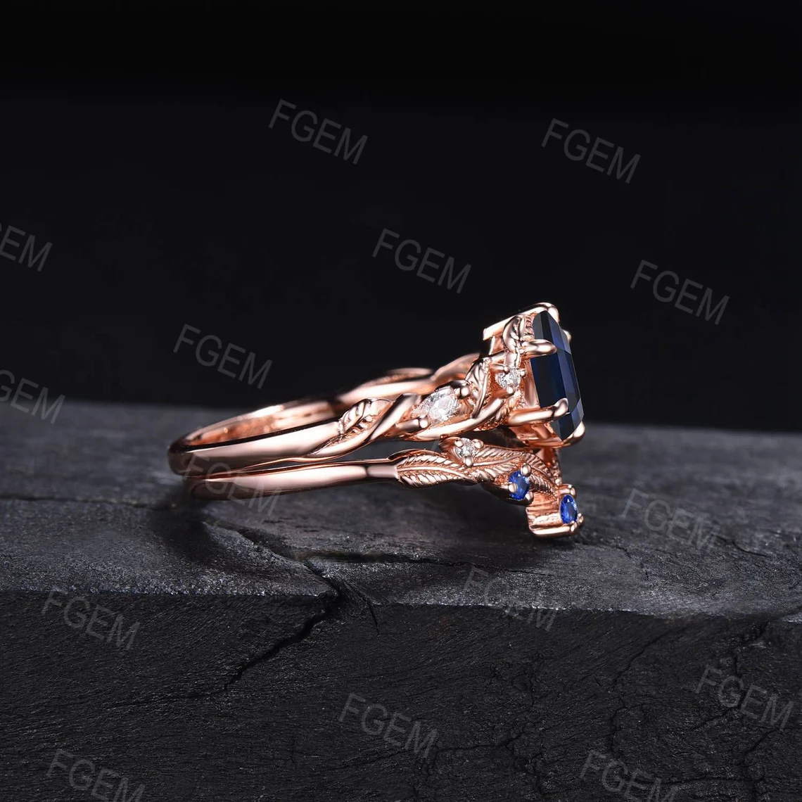 Unique Leaves Blue Sapphire Engagement Ring Set 14K Rose Gold 1ct Hexagon Cut Blue Sapphire Bridal Set Handmade Nature Inspired Jewelry Gift