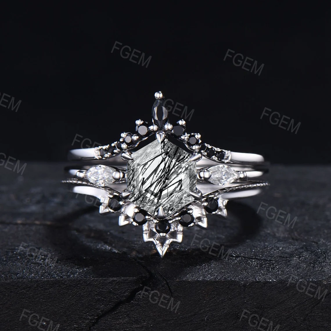 3pcs Hexagon Cut Natural Black Rutilated Quartz Ring Set Vintage Black Spinel Wedding Band Unique Wedding Gift for Women Black Stone Jewelry