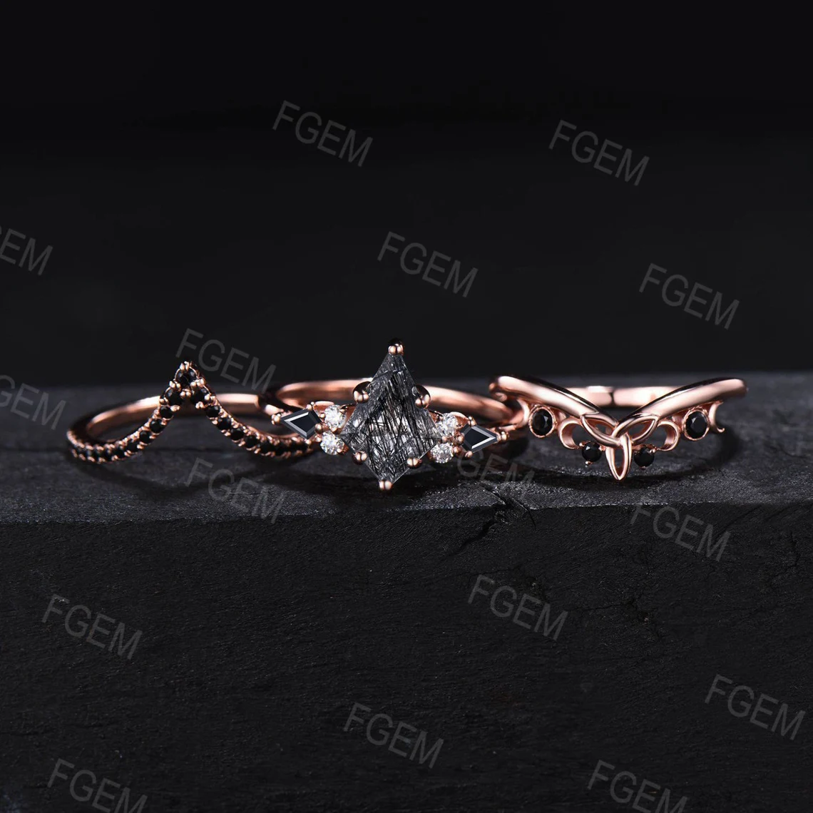 Kite Natural Black Rutilated Quartz Engagement Ring Set Celtic Black Bridal Set Unique 10K Rose Gold Handmade Gothic Proposal Gifts for Her