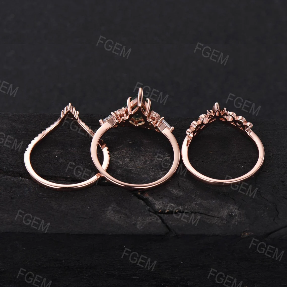 Kite Natural Black Rutilated Quartz Engagement Ring Set Celtic Black Bridal Set Unique 10K Rose Gold Handmade Gothic Proposal Gifts for Her