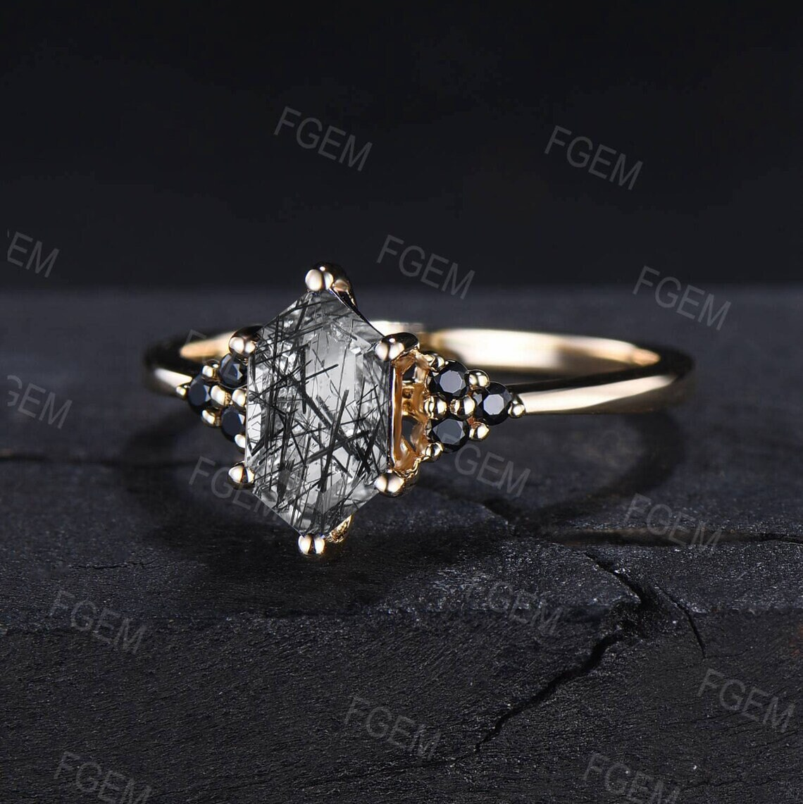 Long Hexagon Cut Natural Black Rutilated Quartz Engagement Ring Black Crystal Wedding Rings Vintage Black Stone Jewelry Anniversary Gifts