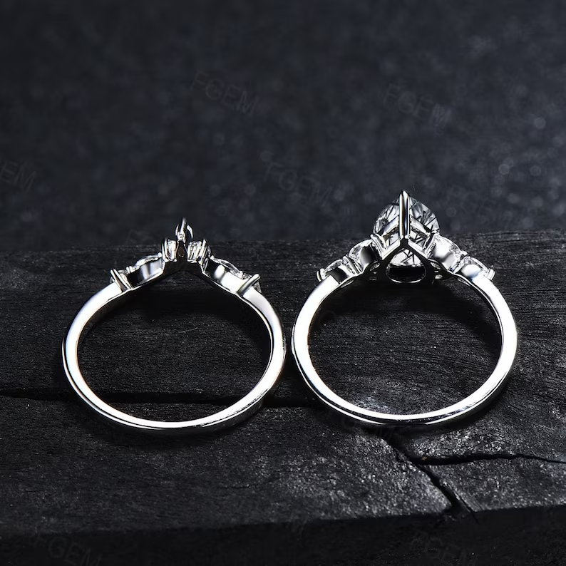 Sterling Silver Natural Black Rutilated Quartz Ring Set Pear Shaped Black Rutile Crystal Engagement Ring Anniversary Wedding Ring For Women