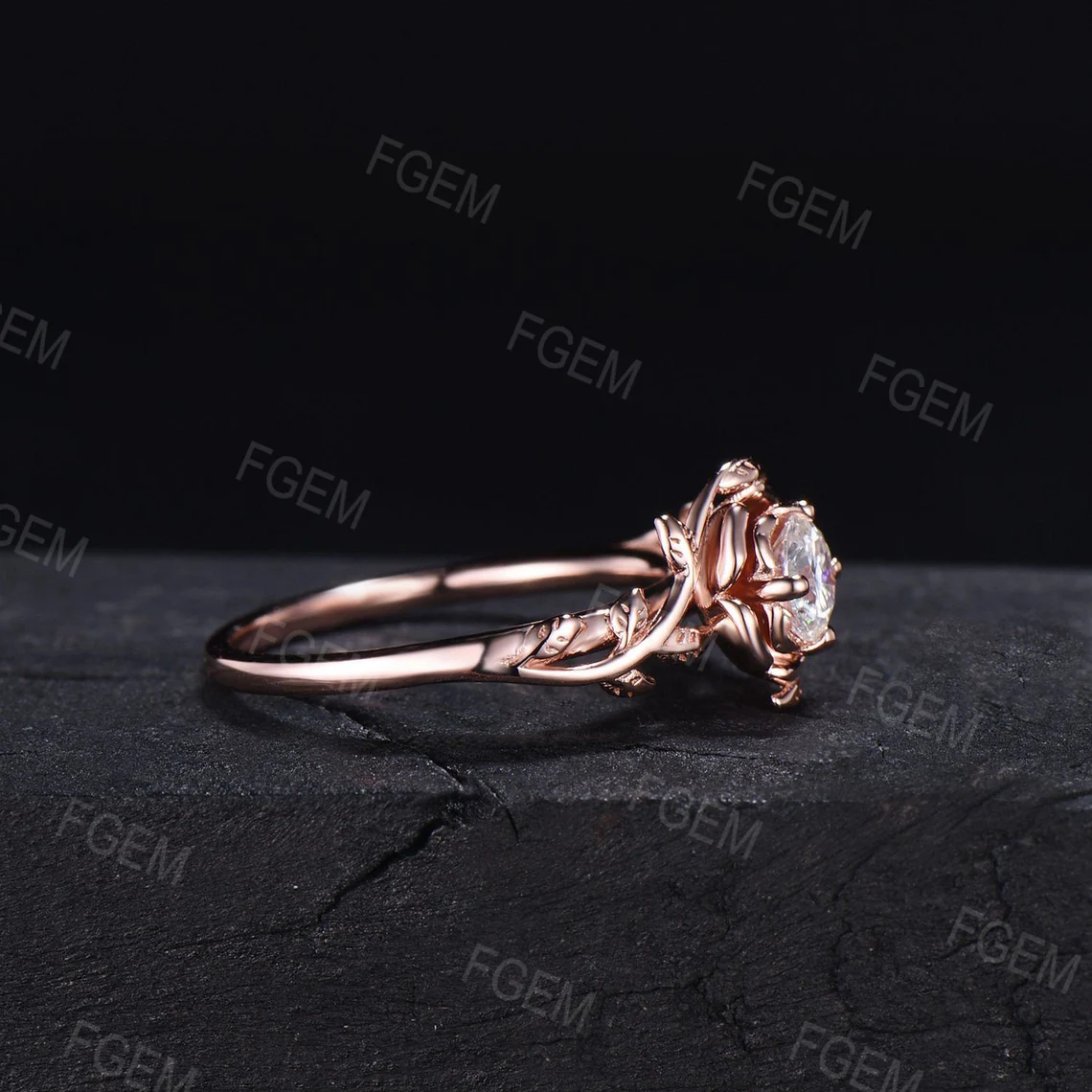 Rose Flower Engagement Ring Round Moissanite Diamond Ring Rose Gold Floral Wedding Ring Nature Inspired Leaf Moissanite Jewelry Promise Gift