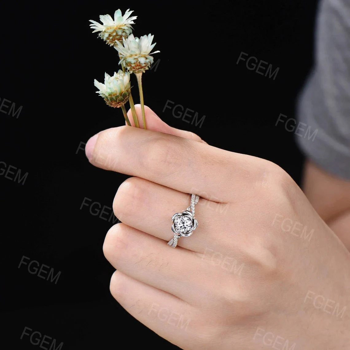 Moissanite Diamond Rose Flower Engagement Ring 14K White Gold Infinity Twist Wedding Ring Half Eternity Promise Anniversary Ring Platinum
