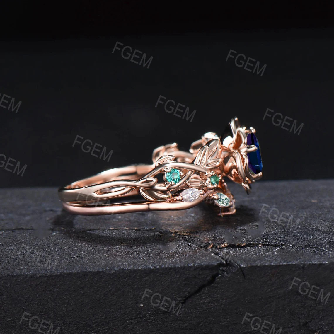 Nature Inspired Rose Flower Color-Change Alexandrite Emerald Engagement Ring Set Rose Gold Floral Leaf Moss Agate Emerald Ring Promise Gift