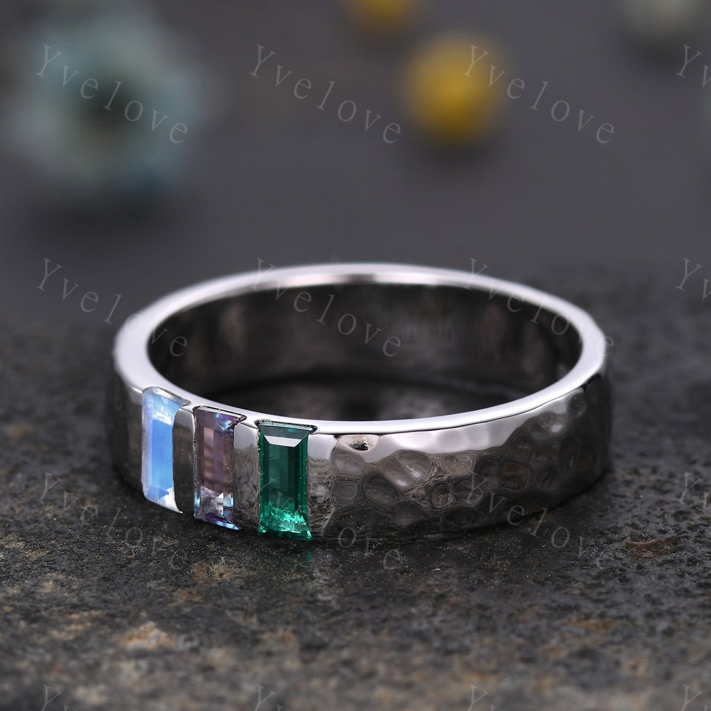 Handmade Sterling Silver Moonstone Alexandrite Emerald Wedding Band (5mm)
