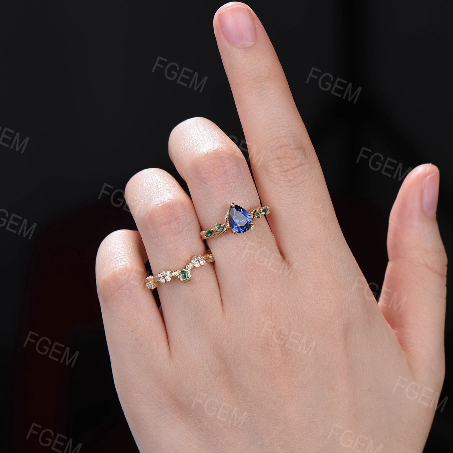 Twig Vine Blue Sapphire Engagement Ring Set Vintage Nature Inspired Pear Cut Blue Sapphire Emerald Promise Ring Antique Noble Gift for Women