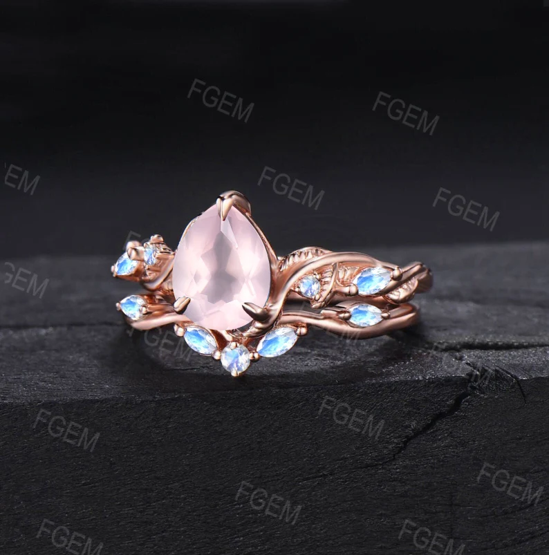 1.25ct Pear Natural Pink Rose Quartz Engagement Ring Cluster Rose Gold Crystal Bridal Set Nature Inspired Rose Quartz Moonstone Wedding Ring