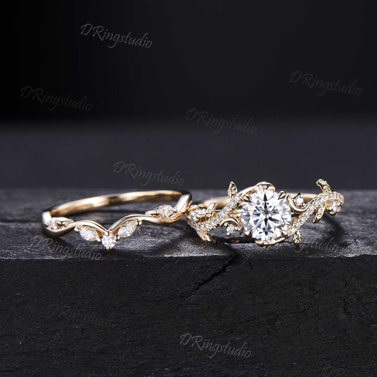 1ct Round Moissanite Wedding Ring Set Nature Inspired Moon Leaf Engagement Ring Set Solid 14k Yellow Gold Bridal Set Twig Ring Proposal Gift