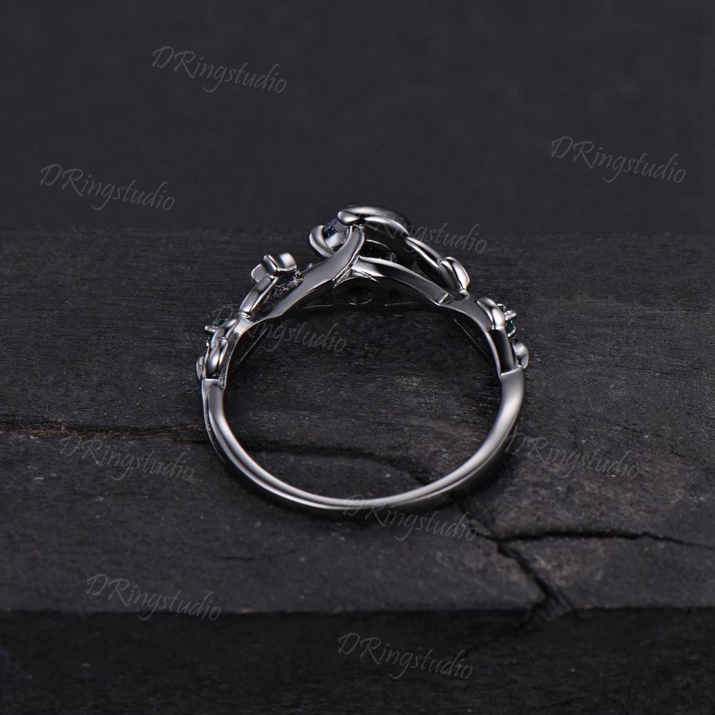 Black Gold Nature Inspired Round Opal Engagement Ring Nebula Moon Star Amethyst Wedding Ring Gothic Black Twig Leaf Bridal Ring Jewelry Gift