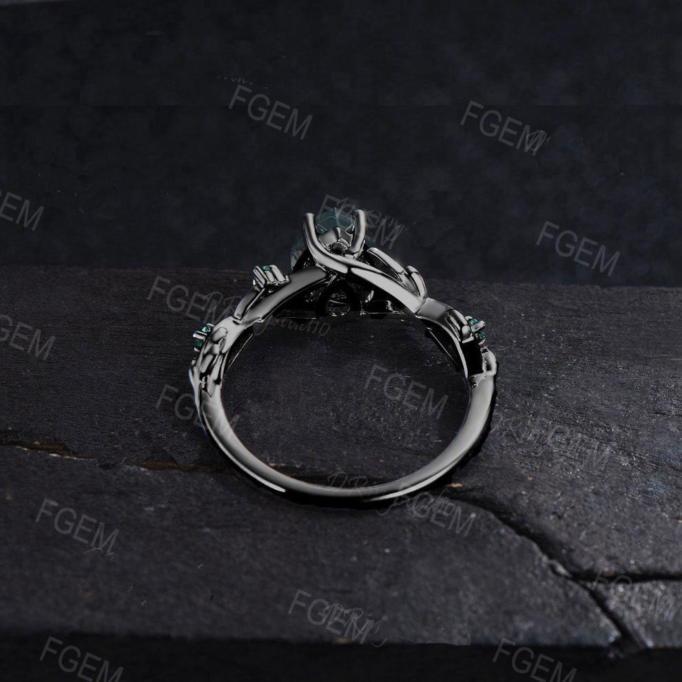 Black Gold Twig Ring Teardrop Natural Moss Agate Engagement Ring Branch Leaf Emerald Agate Stone Wedding Ring Green Gemstone Proposal Gifts