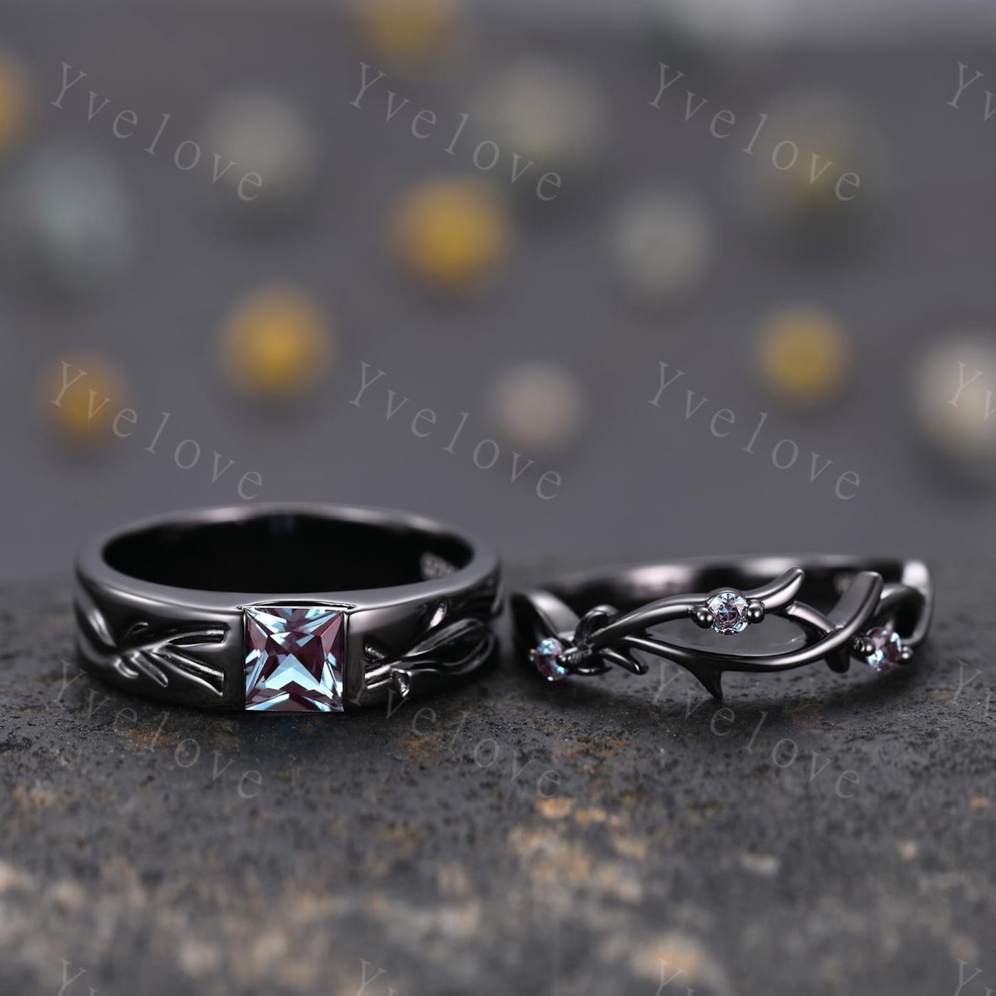 Alexandrite Couples Rings Set- Twig Vine & Stone Design Black Gold Wedding Ring (925 Sterling Silver)