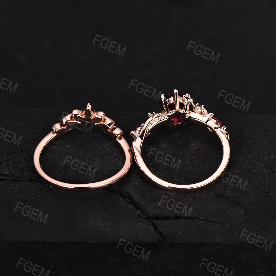 1.5ct Oval Nature Ruby Gemstone Jewelry 10K Rose Gold Twig Leaf Ruby Engagement Ring Set Unique Anniversary Ring Women July Birthstone Gift