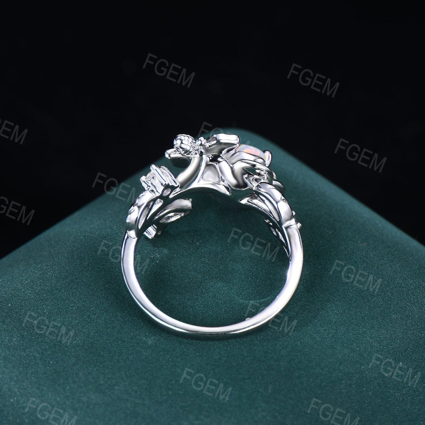 Honey Bee Rose Flower Engagement Ring 5mm Round Cut White Opal Engagement Ring Nature Inspired Leaf Floral Opal Ring October Birthstone Gift