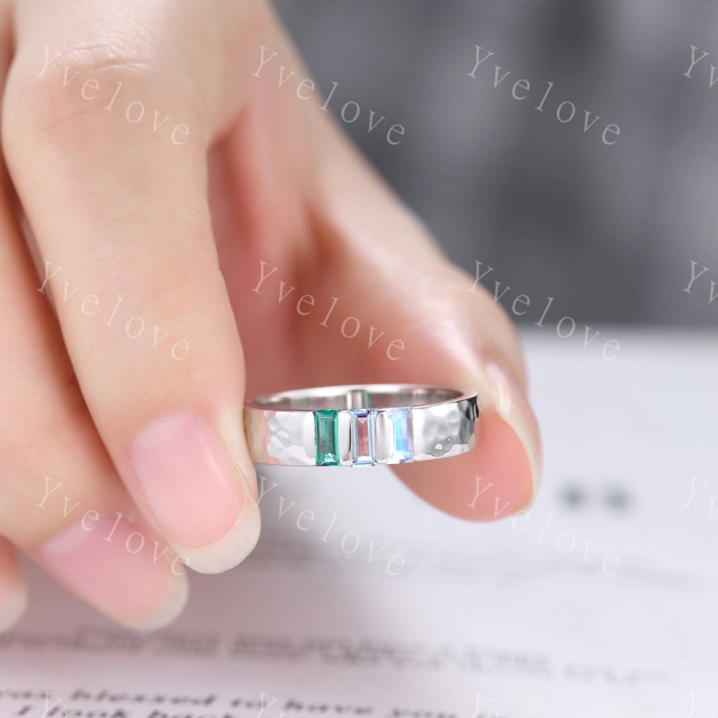 Handmade Sterling Silver Moonstone Alexandrite Emerald Wedding Band (5mm)