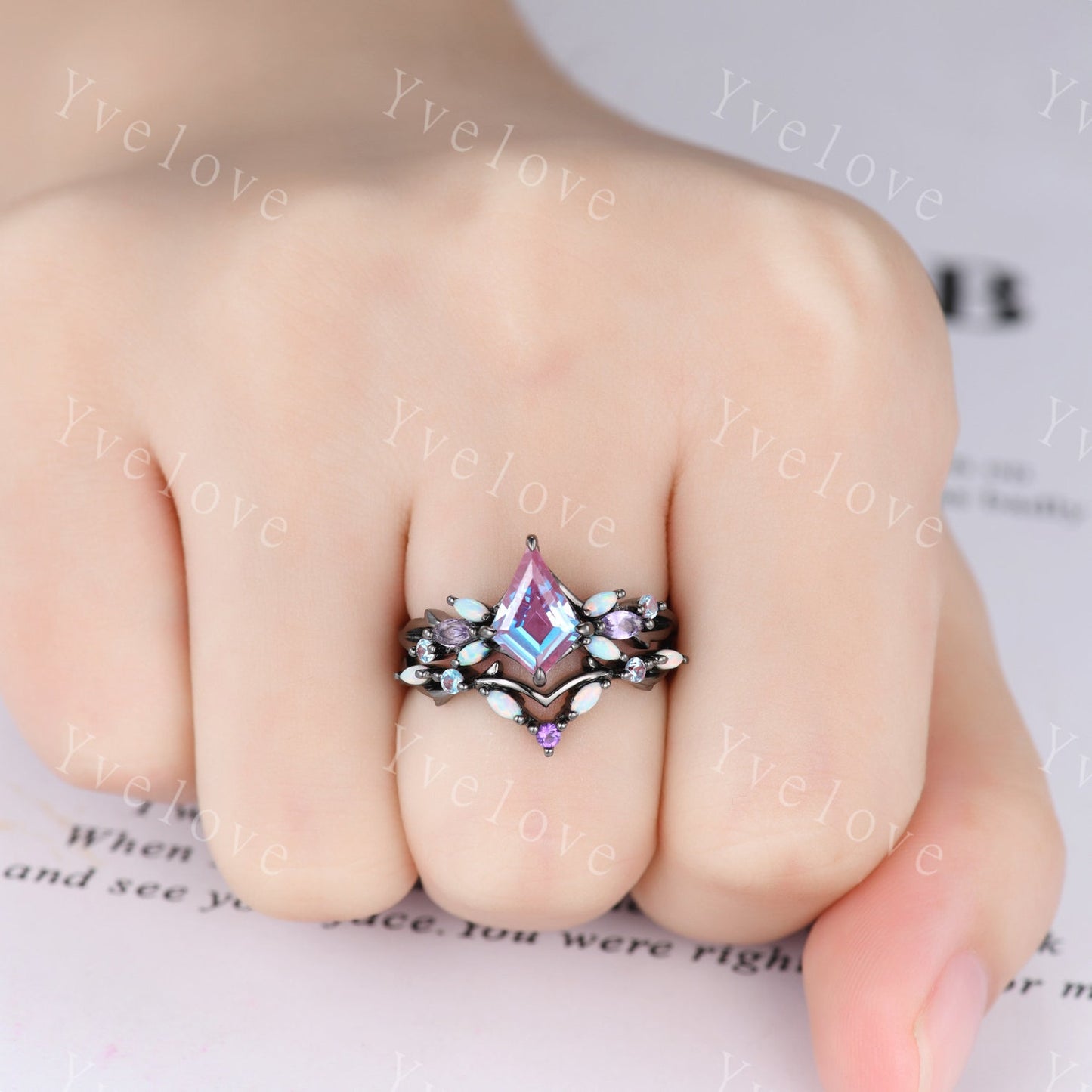 Black Gold Alexandrite Engagement Ring Set with Opal & Amethyst Vines