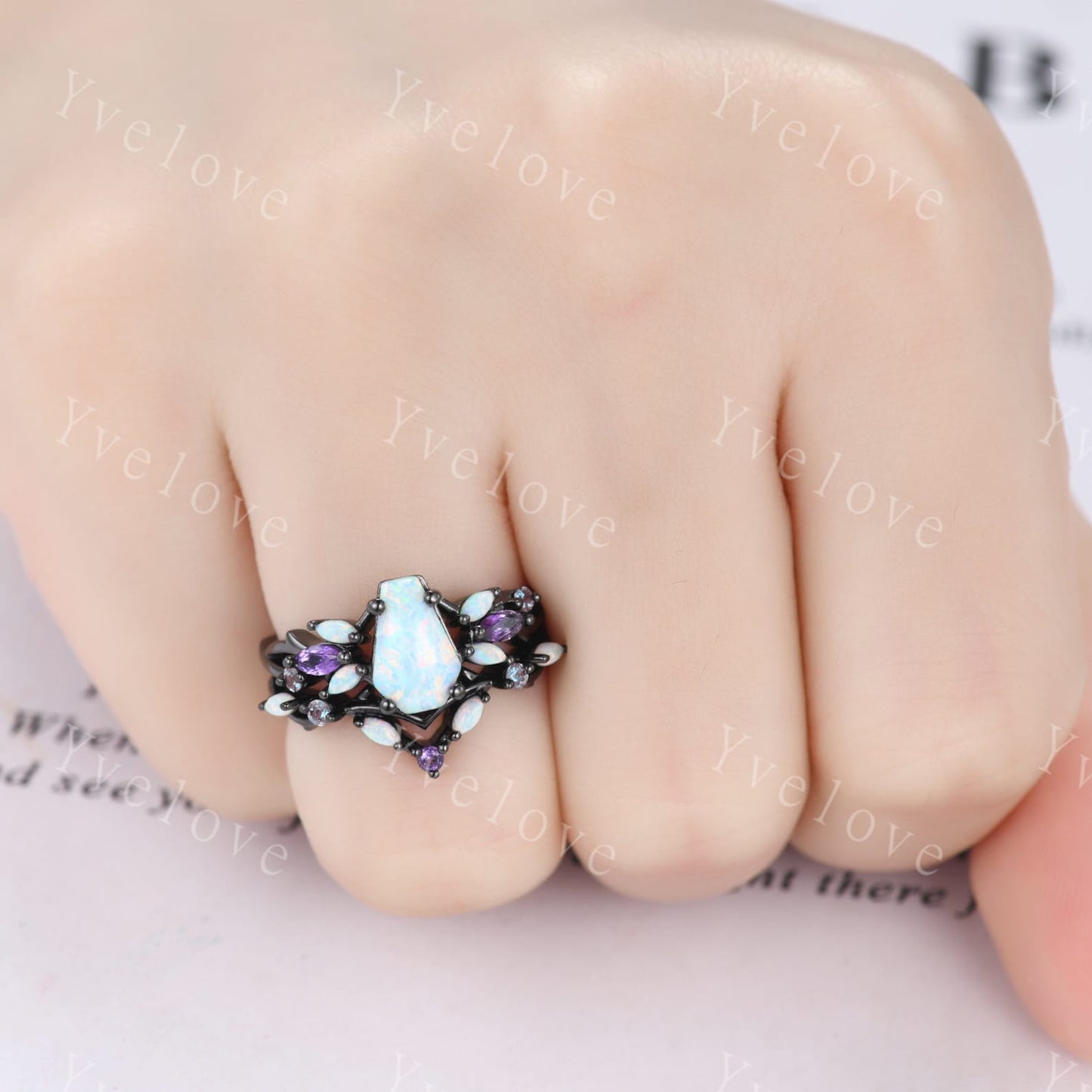 Vintage Coffin White Opal Engagement Ring Set,Black Gold,Vines Amethyst Opal Ring,Women Bridal Set,Unique Twig Anniversary Promise Ring Gift