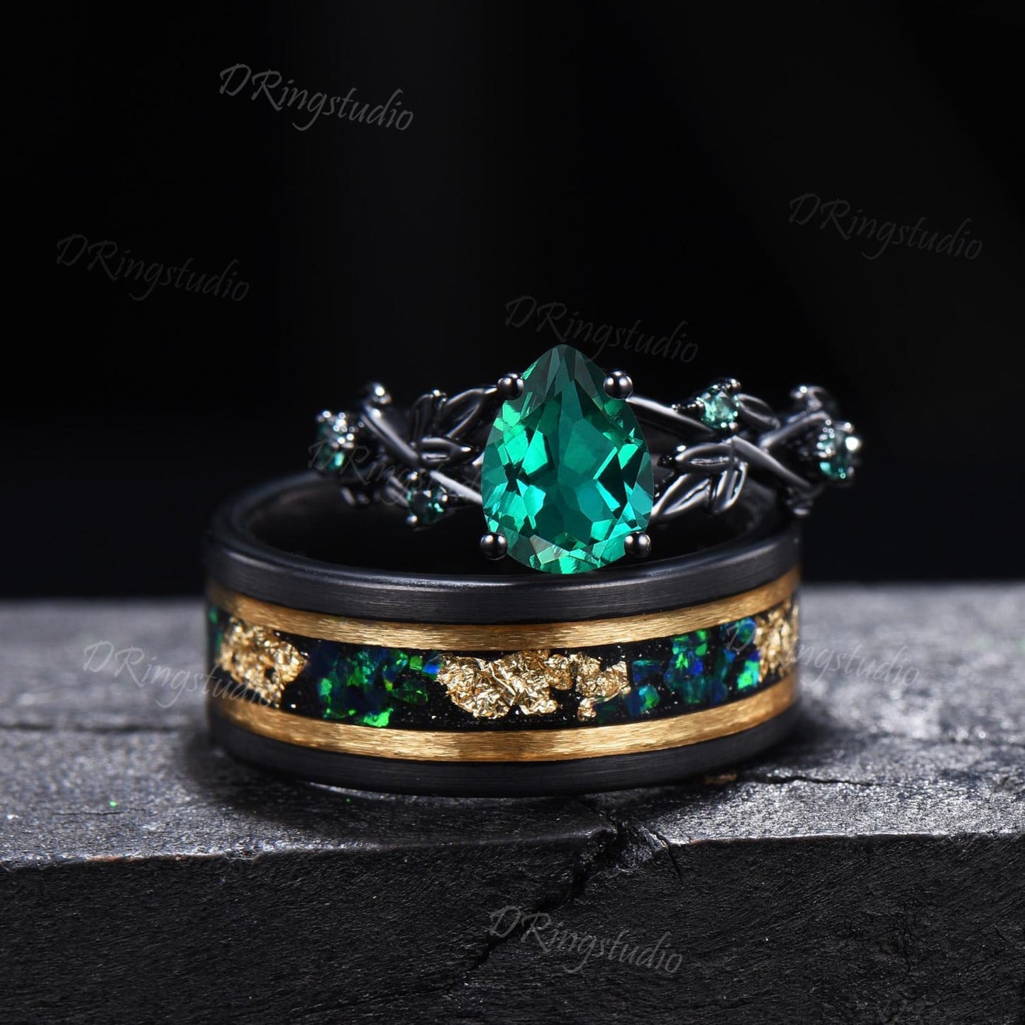 2pcs Pear Green Emerald Couple Set Gothic Black Gold Leaf Vine His and Hers Wedding Ring Nature Inspired Promise Ring Tungsten Matching Band