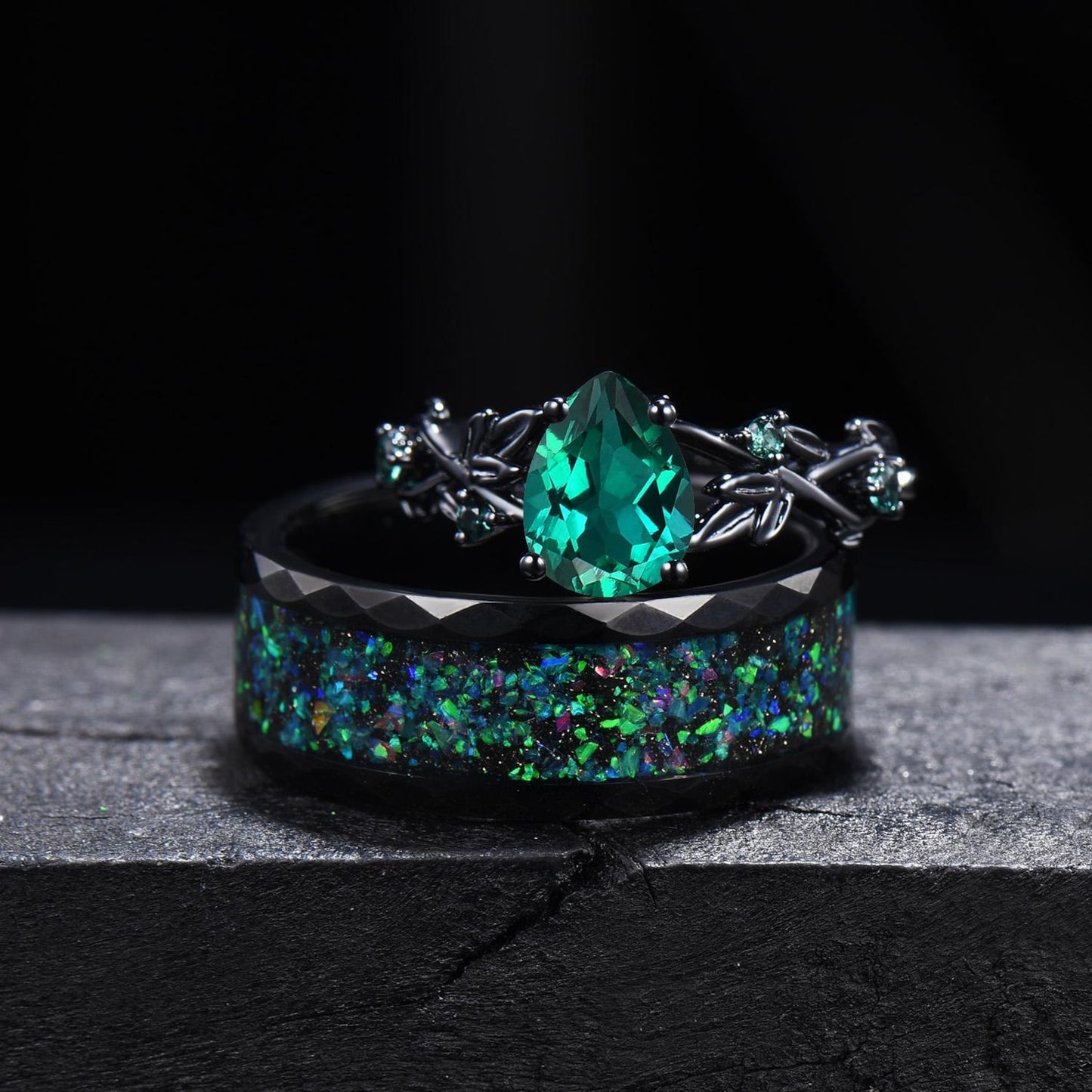Gothic Black Green Emerald Couples Ring Black Gold Matching Ring Set Tungsten Black Opal Promise Ring Set For Men and Women Anniversary Gift
