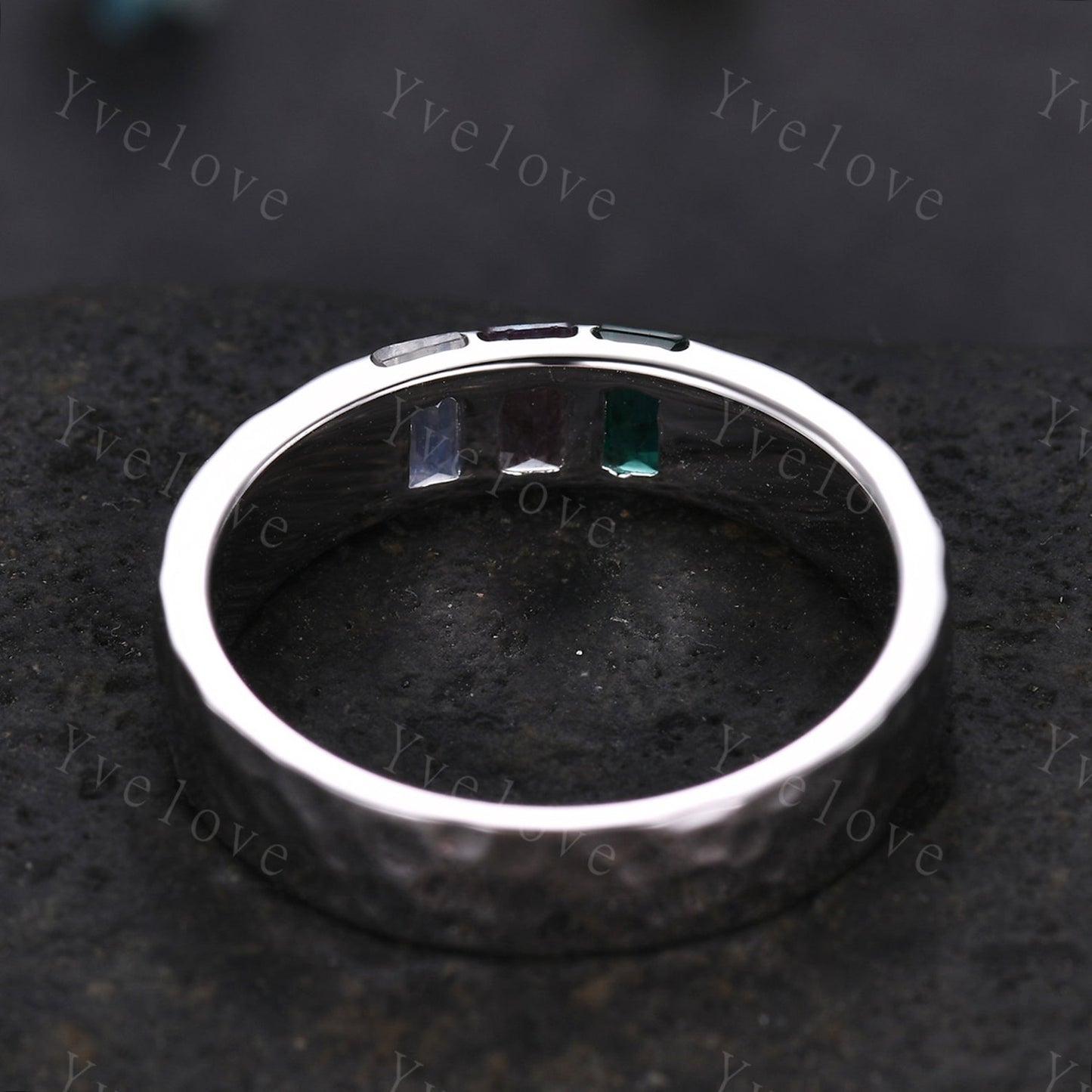 Handmade Sterling Silver Moonstone Alexandrite Emerald Wedding Band (5mm)