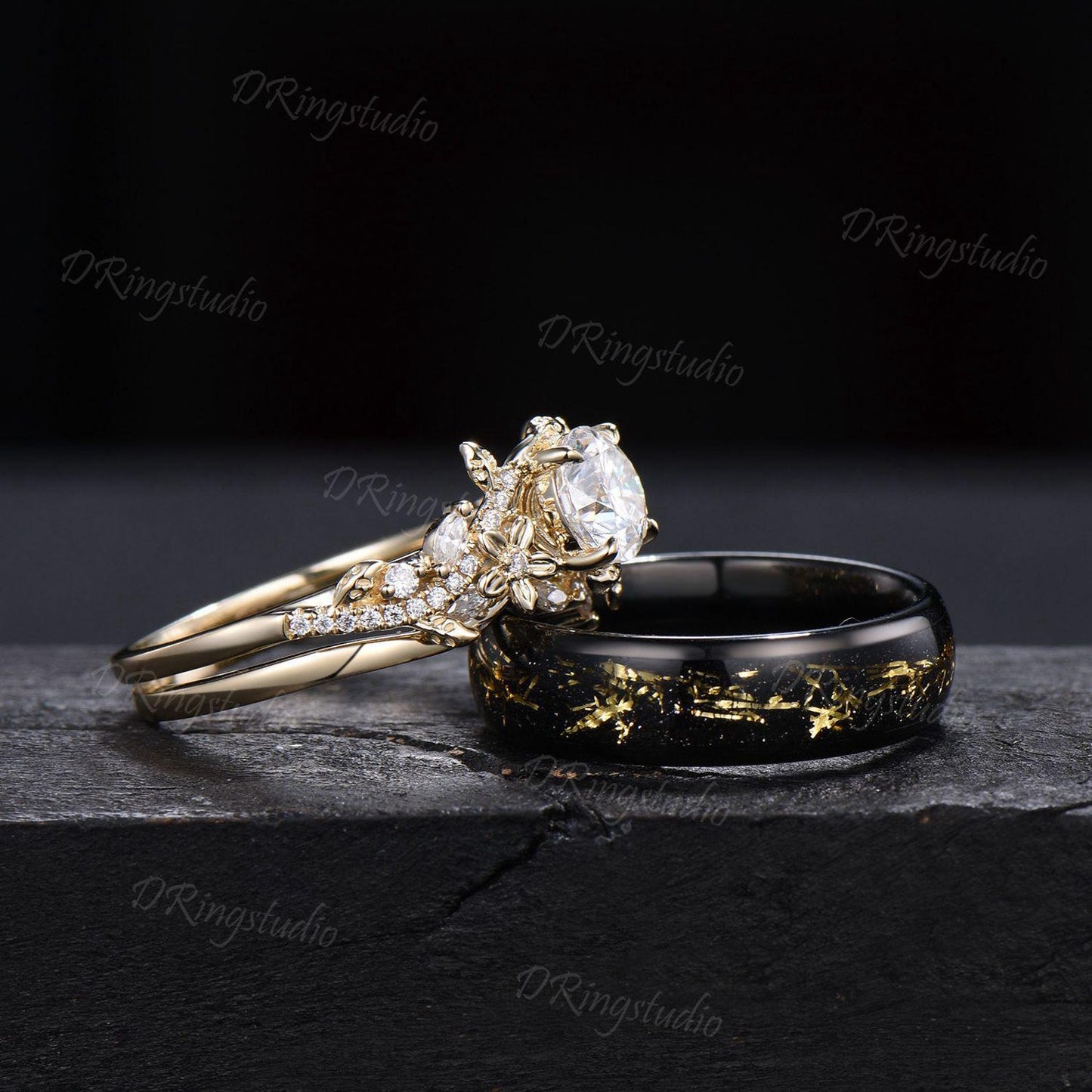 Nature Inspired Floral Round Moissanite Couple Ring Set Black Gold Leaf Tungsten Mens Wedding Ring Yellow Gold Flower Leaf Engagement Ring