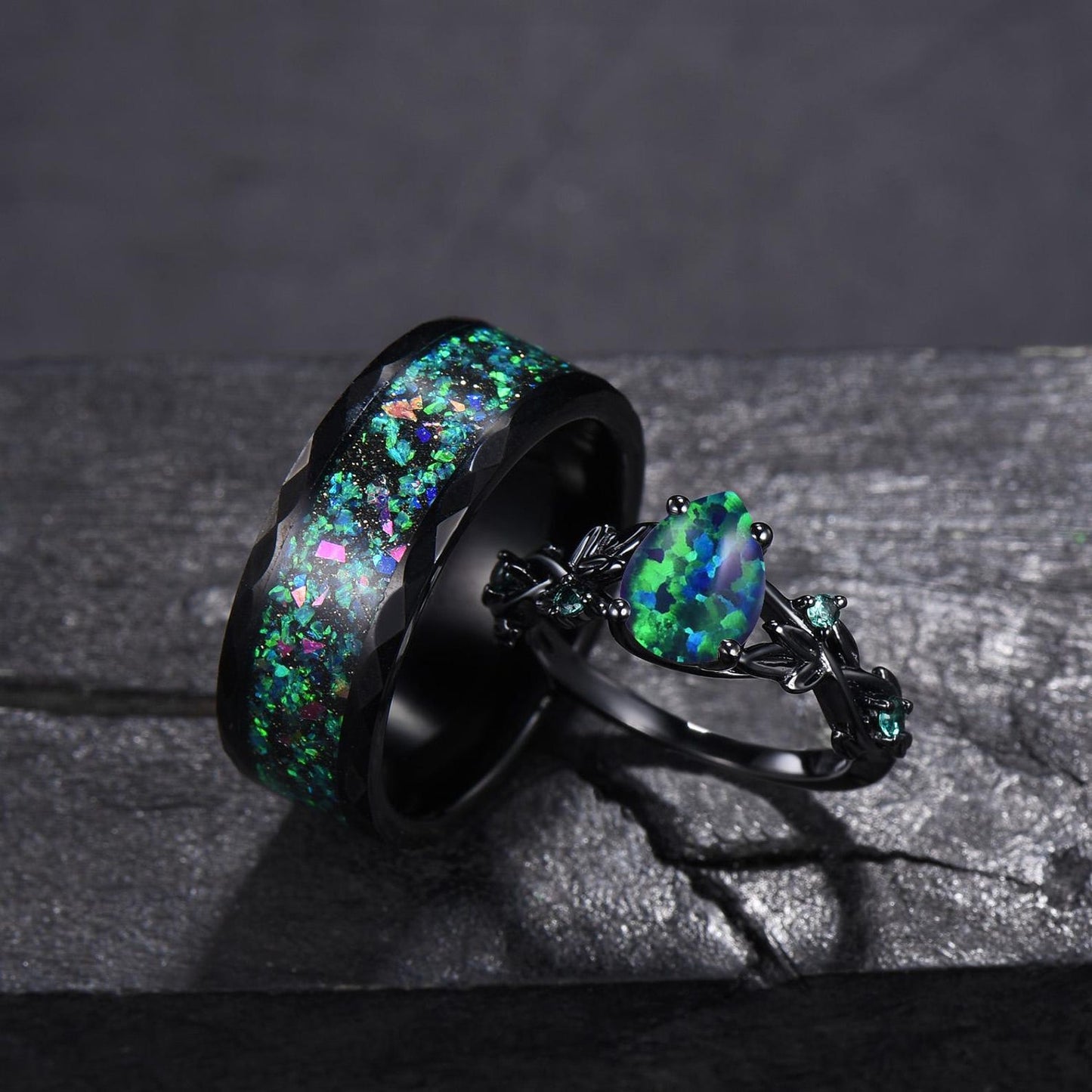 Gothic Black Opal Couple Rings Set Black Gold Pear Shaped Black Opal Engagement Ring Set Nebula Ring Tungsten Ring His and Hers Wedding Band