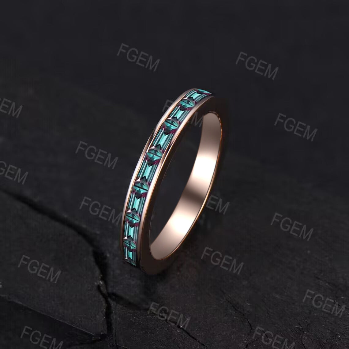 4mm/5mm/6mm Mens Baguette Alexandrite Wedding Ring 14K Rose Gold Color-Change Alexandrite Brushed Band Pave Set Half Eternity Band Men