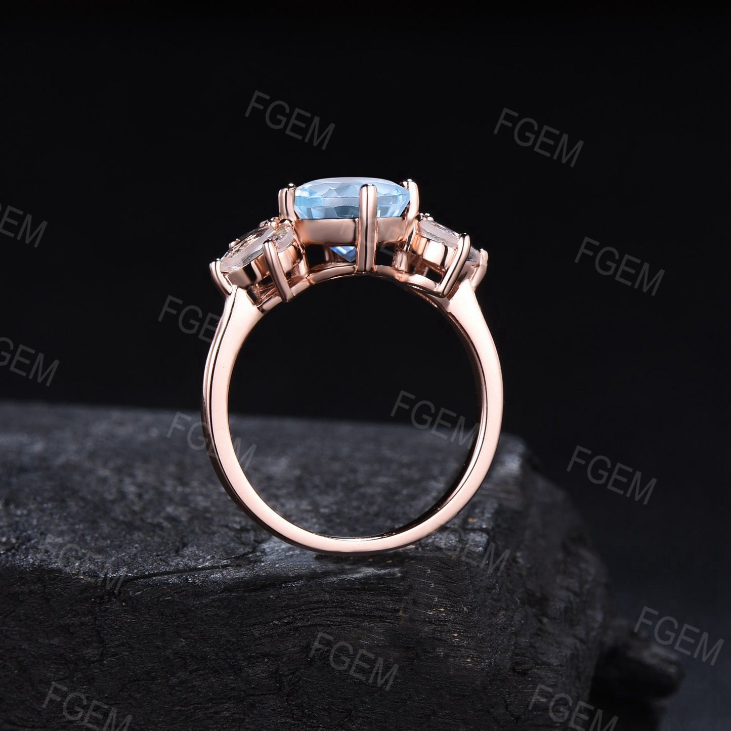 14k Rose Gold Cat Ring Round Aquamarine Engagement Ring Unique Marquise Moonstone Wedding Ring March Birthstone Proposal Gift For Cat Lover