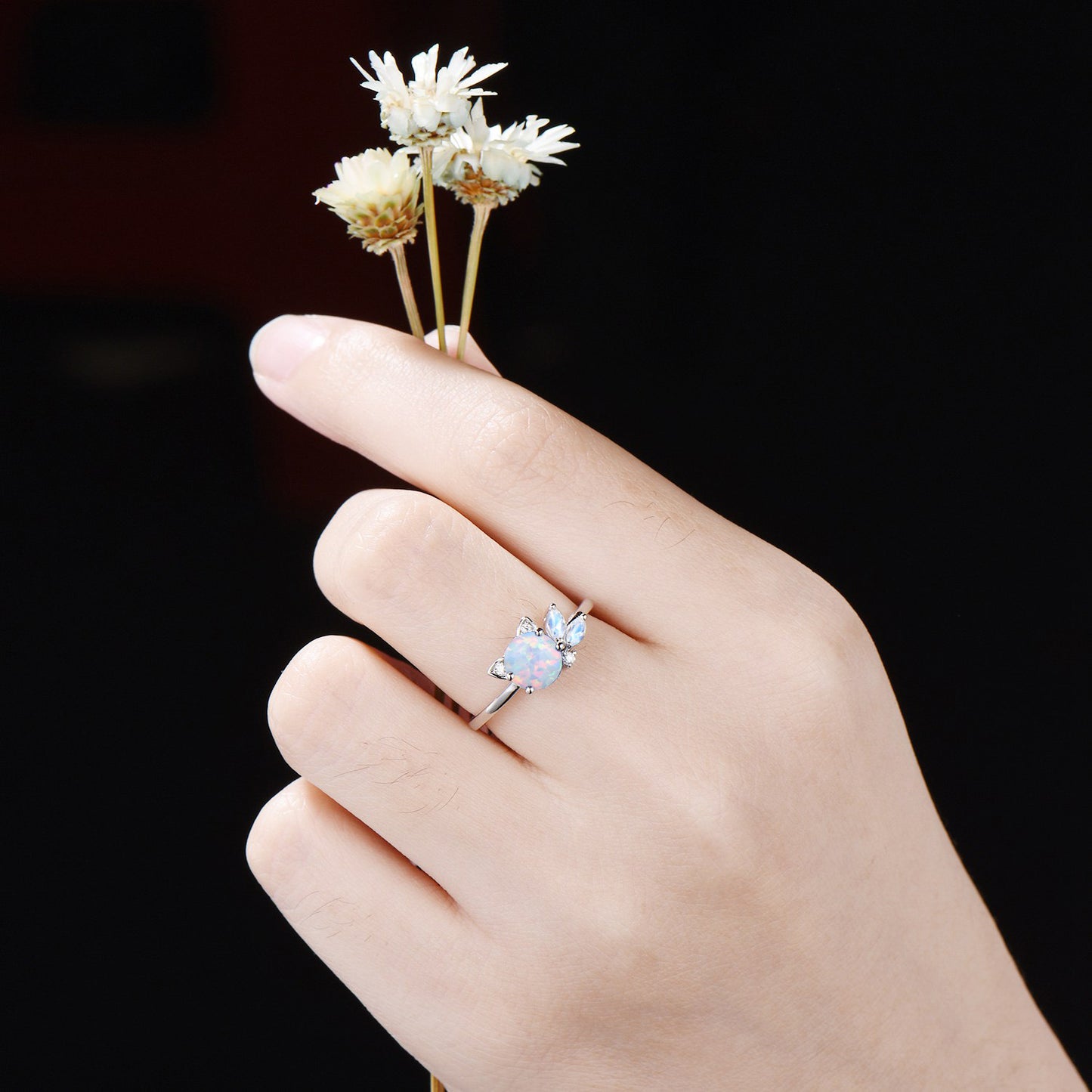 1ct Round White Opal Cat Engagement Ring Unique Marquise Moonstone Ring 14k Rose Gold Cat Ring October Birthstone Jewelry Gift for Daughter
