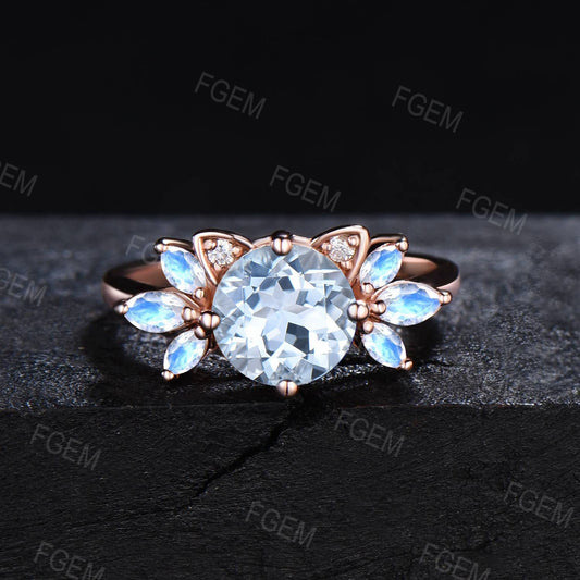 14k Rose Gold Cat Ring Round Aquamarine Engagement Ring Unique Marquise Moonstone Wedding Ring March Birthstone Proposal Gift For Cat Lover