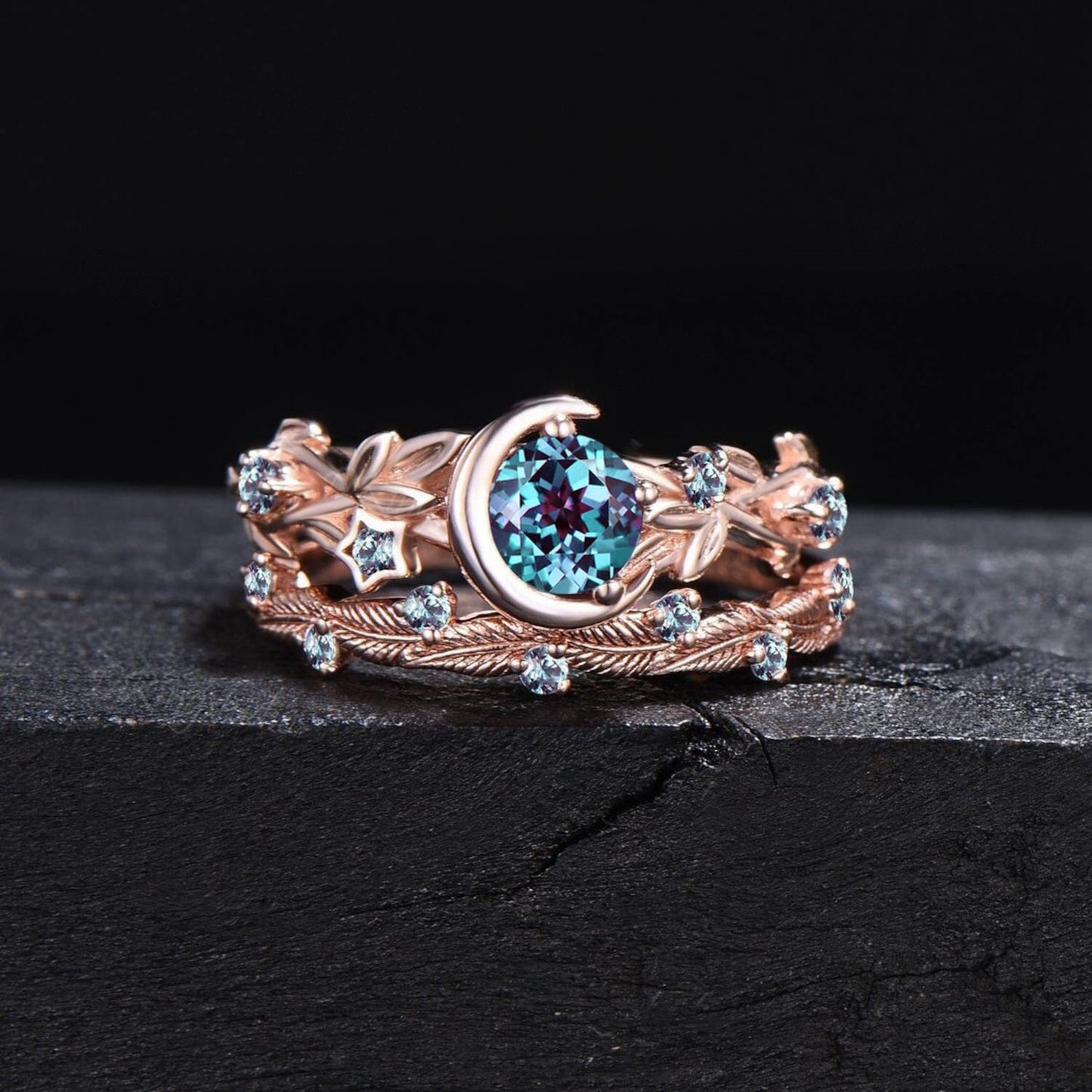 Nature Inspired Color-Change Alexandrite Engagement Ring Moon Star Design Round Alexandrite Ring Branch Leaf June Birthstone Wedding Rings