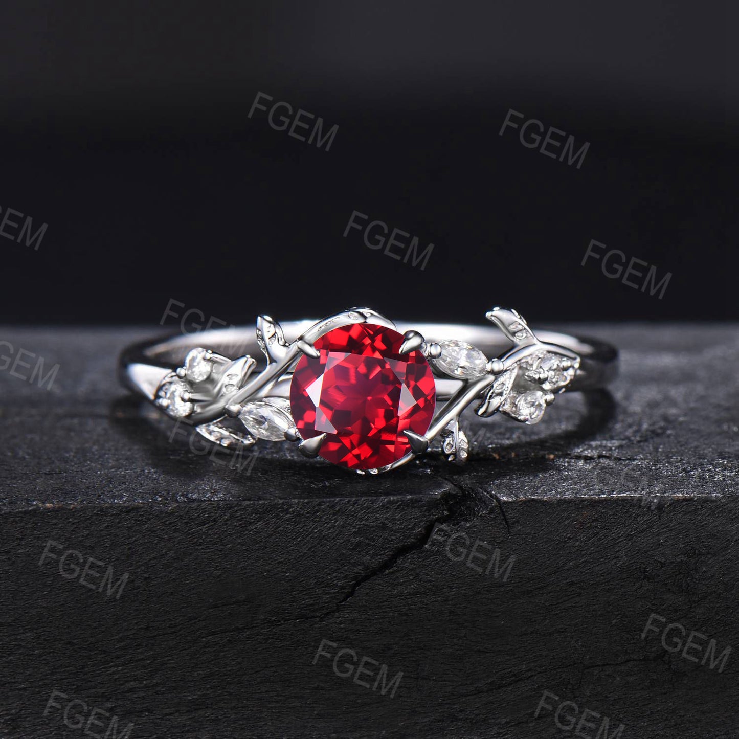1ct Round Nature Inspired Ruby Engagement Ring Red Gemstone Jewelry Twig Leaf Cluster Moissanite Ring Anniversary Ring July Birthstone Gift